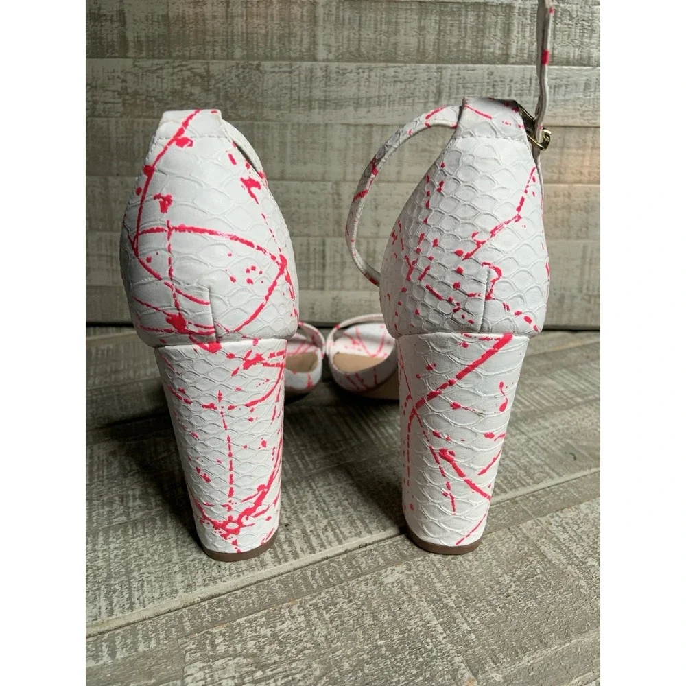 Shoedazzle Pink White Strappy Platform  High Heel Shoes Block Heels Size 8.5